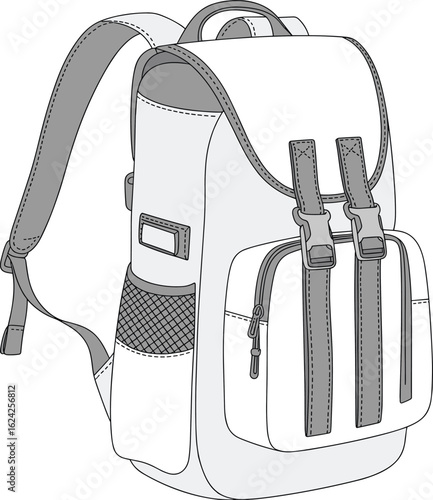Modern backpack CAD drawing, flat vector illustration, stylish travel bag design, technical sketch, fashion accessory, isolated white background