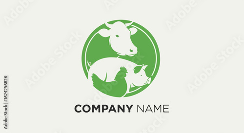 Farm Animals Logo: Cow, Pig, and Chicken in Green Circle