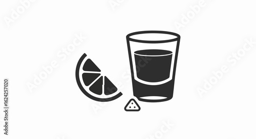 Black and white icon of a tequila shot glass with a lime wedge and salt pile.
