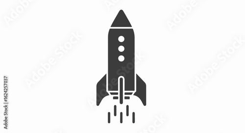 Minimalist dark grey rocket ship glyph icon launching upwards with exhaust plumes and three circular windows.