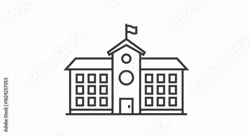 Minimalist line art icon of a school building with a central clock tower and flag.