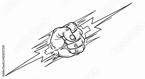 Powerful clenched fist breaking through jagged lightning bolt graphic