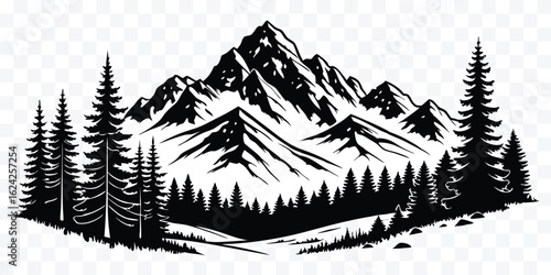 Majestic mountain range with towering peaks and lush evergreen forest illustration in black and white ideal for outdoor adventure themed designs