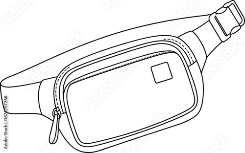 CAD drawing flat vector illustration of stylish fanny pack with zipper closure, adjustable strap, minimalist shape, and clean outline design