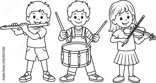 Kids playing musical instruments, children music band, flute drum violin players, happy kids performing, young musicians, kids orchestra art