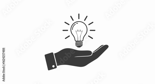 Minimalist black icon of a hand holding a shining lightbulb, representing innovation.