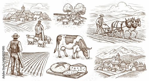 Hand-drawn set of rustic farm scenes with farmers, animals, and landscapes in a vintage engraving style.