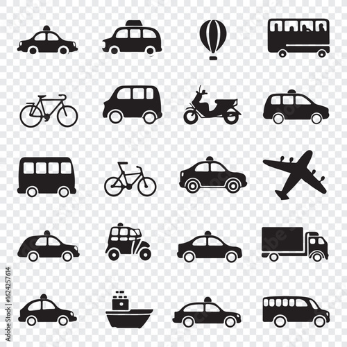 Shadowed Vector Icon Set of Various Transportation Vehicles in Grid Layout, transportation icons, vehicle silhouette set, taxi icon, bus icon, airplane icon and transparent backgrounds.

