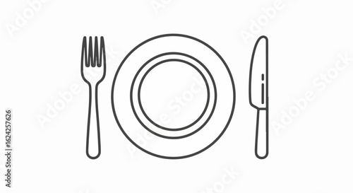 Minimalist Line Art of a Plate with Fork and Knife