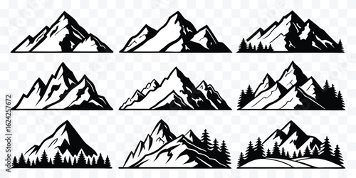 Collection of Mountain Range Icons Vector Silhouette Illustration for Outdoor Adventure and Nature Enthusiasts Graphic Design Resource
