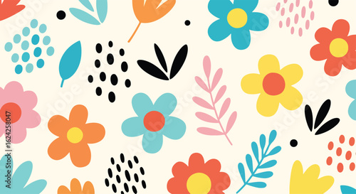 flat illustration of a vibrant and playful floral background seamless pattern with stylized flowers, leaves, and abstract shapes. Perfect for cheerful kids designs