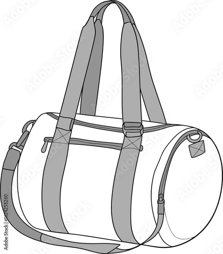 Modern gym duffel bag design, technical vector sketch, CAD illustration, travel sports bag mockup, adjustable straps, fashion accessory