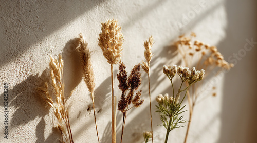 Sunlit dried wildflowers against neutral wall; boho stock photo for decor