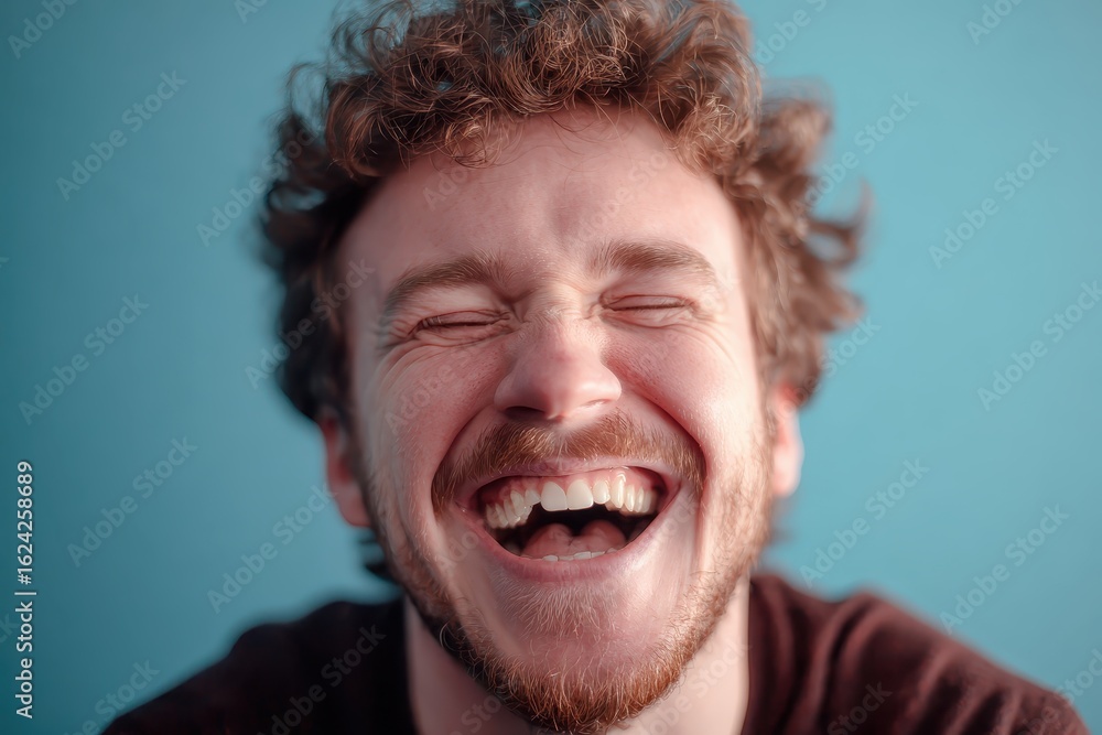 Joyful expression of a happy man laughing against a vibrant blue background, capturing a moment of pure happiness and spontaneity in a casual indoor setting Joyful expression of a happy man laughing against a vibrant blue background, capturing a moment of pure happiness and spontaneity in a casual indoor setting