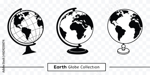 Earth Globe Vector Collection for Education and Design Featuring Black and White Illustrations of World Geography