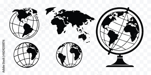 Black and White World Map and Globe Illustrations for Geographic Designs and Educational Resources Worldwide