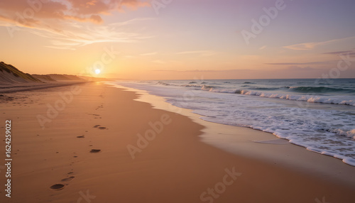 Wallpaper Mural Golden Hour by the Shore: A serene coastal scene at sunset, featuring an expansive beach, gently lapping waves, and footprints in the sand, capturing the tranquil beauty of the natural world. Torontodigital.ca