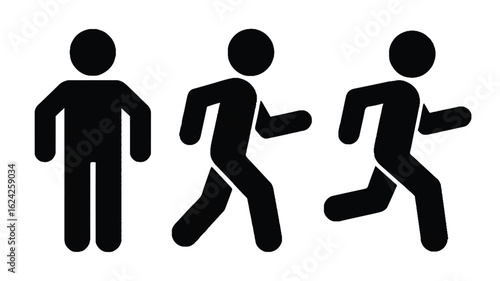 A simple black and white illustration showing three stick figure silhouettes of people in different states of movement.