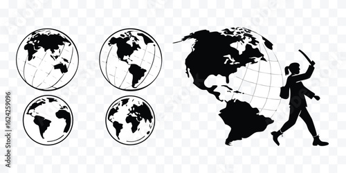 Global Awareness and Empowerment Depicted in Black and White Globe Collection with Confident Figure Asserting Presence and Promoting Change