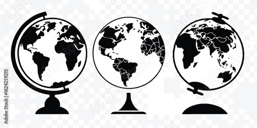 World Globe Collection Black and White Illustration for Educational and Geographical Concepts and Global Awareness Material