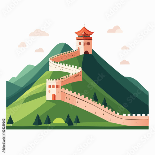 Great wall of China extends across verdant hills on a bright day