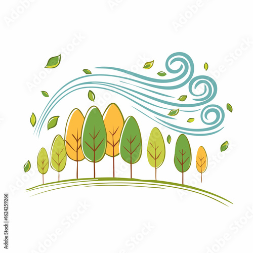 Trees bending and leaves blowing on a windy day during Autumn season