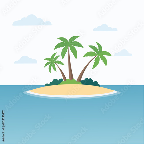 Tropical island paradise with palm trees surrounded by ocean water