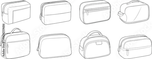 Cad drawing flat vector illustration of travel toiletry bags, cosmetic pouches, accessory organizers, minimal design, zipped case, storage, carry
