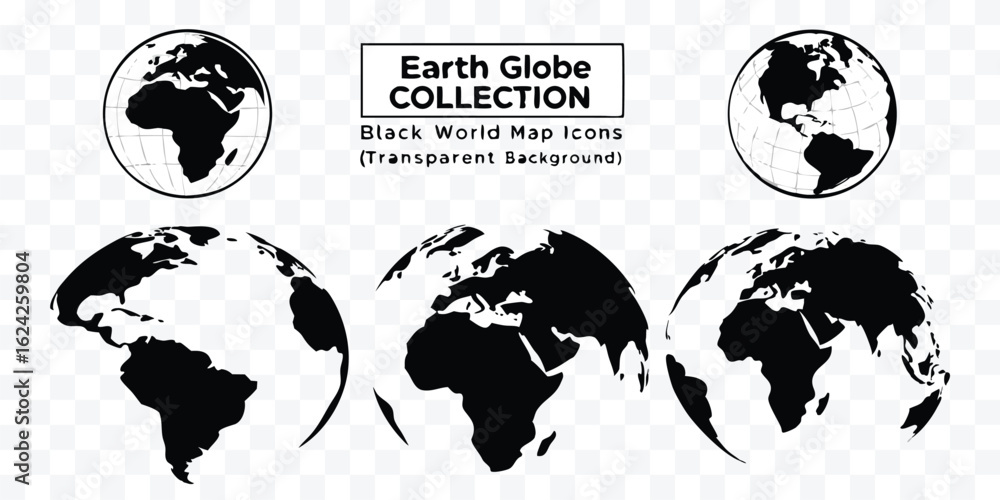 Obraz premium Collection of Earth Globe Icons in Black and White Offering a Variety of Perspectives of the World
