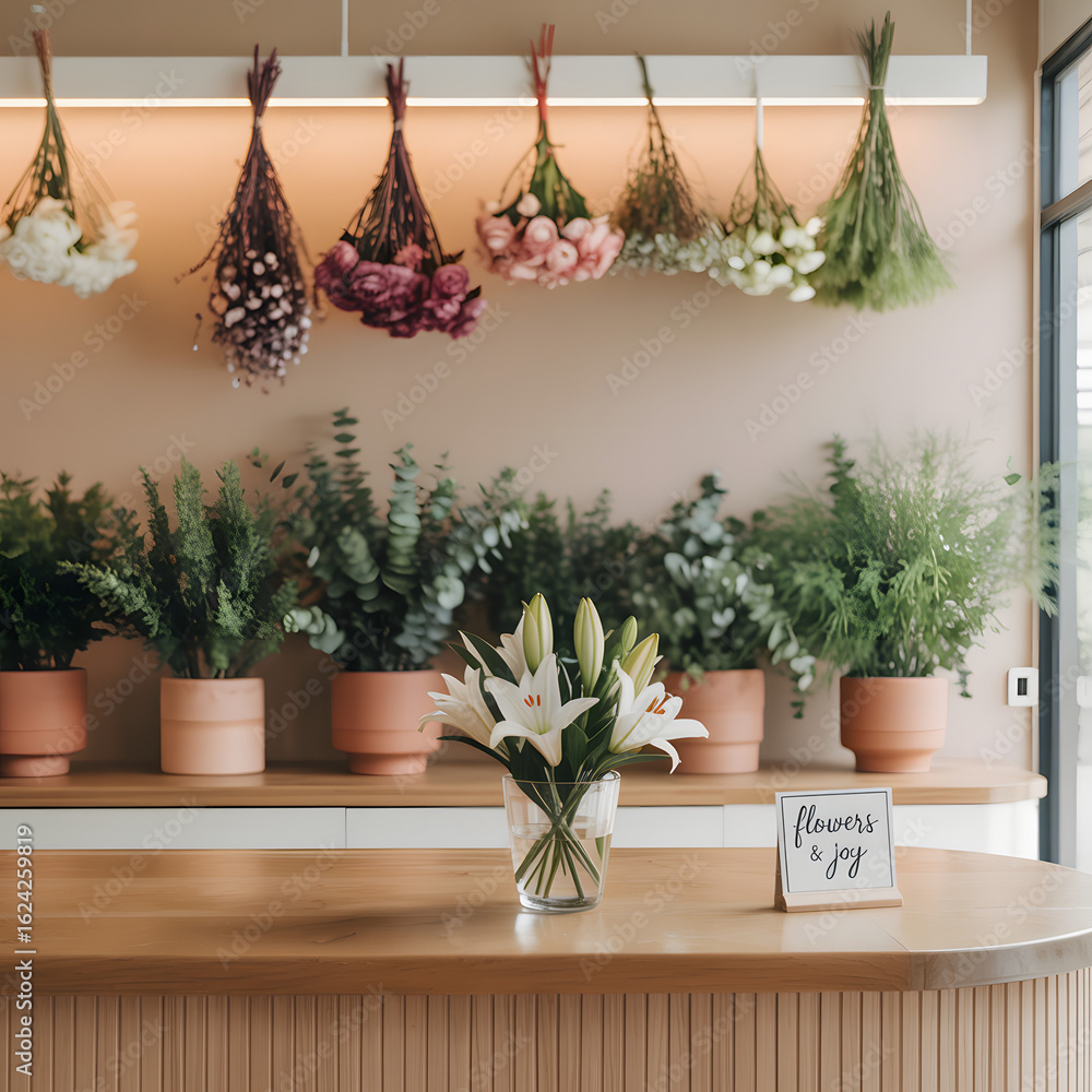 Fototapeta premium Floral Boutique Bliss: An eye-level, inviting display of a collection of lush flowers and plants, from overhead hanging bouquets to tabletop arrangements.