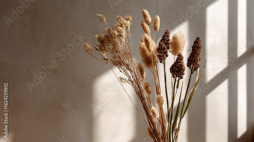 Sunlit dried flowers bunch close-up; ideal for nature-inspired stock images