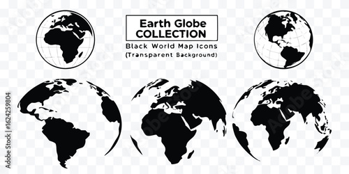 Collection of Earth Globe Icons in Black and White Offering a Variety of Perspectives of the World