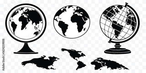 Black and White Globes and World Maps for Education and Geography Illustrations Depicting Continents and Global Awareness