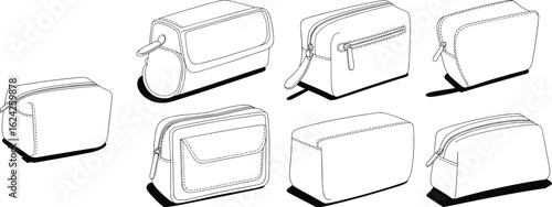 Cad drawing flat vector illustration of multiple toiletry pouches, cosmetic bags, zipper cases for travel, makeup, grooming, storage, personal care