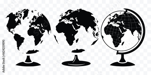 World Globe Collection Depicting Earth Continents in Black and White Style Vector Illustration for Education Geography and Cartography Concepts