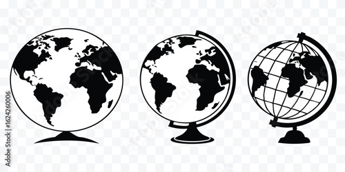 Three World Globe Illustrations in Black and White Depicting Geographical Diversity and Global Exploration