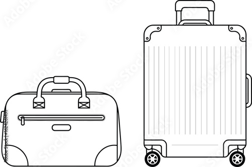 Cad drawing flat vector illustration of travel bag and trolley suitcase, luggage icons for travel, airport, vacation, tourism, packing essentials