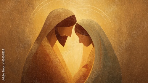Joseph and Mary praying under golden halo representing holy family