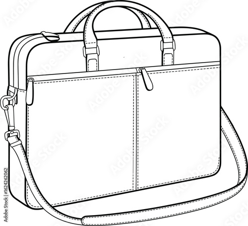 Professional laptop bag, technical flat sketch, office briefcase with shoulder strap, vector illustration, CAD drawing for fashion accessory design
