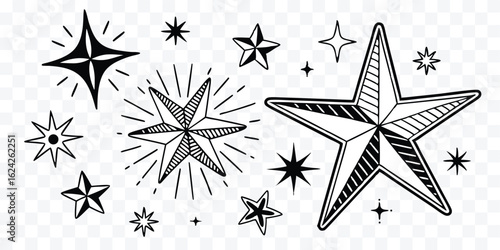 Collection of Hand Drawn Stars Doodle Style Celestial Magic Space Galaxy Astrology Symbols for Holiday Designs and Illustrations