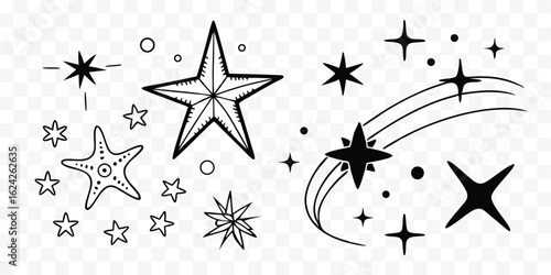 Doodle Style Stars and Celestial Elements Collection for Holiday Designs and Creative Projects in Vector Format