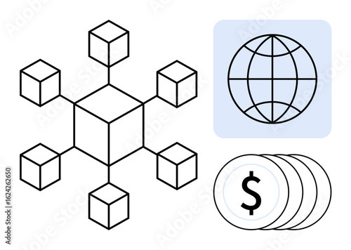 Cube network linked at the center, global grid sphere, and dollar coins. Ideal for cryptocurrency, technology, finance, blockchain, decentralization global economy innovation. A simple flat