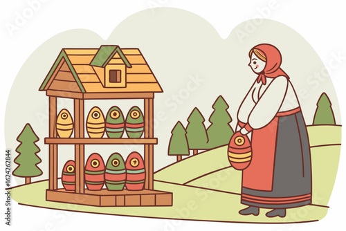 Buy souvenirs at a matryoshka doll stand in Russia, modern flat illustration style
