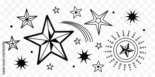 A collection of hand drawn stars and celestial elements for creative designs in vector format offering various decorative options for designers and artists