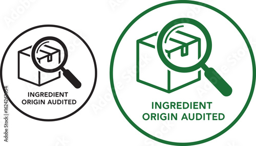 Ingredient origin audited icon with box and magnifying glass, symbolizing food quality, supply chain transparency, and product origin verification