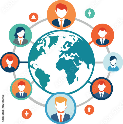 networking human icons global map clean white background