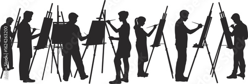 Group of artists painting on easels, silhouette people drawing, creative teamwork in art class, vector illustration for design projects