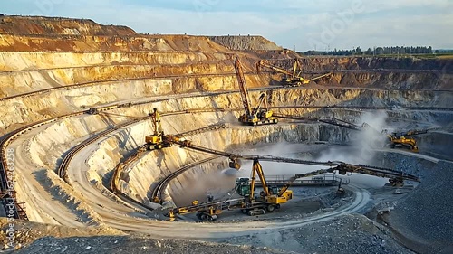 Aerial view of a large open-pit mining operation with heavy machinery extracting minerals