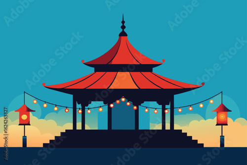 pavilion during festival with hanging lights  .eps
