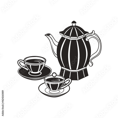 Teapot and teacups set illustration on white background